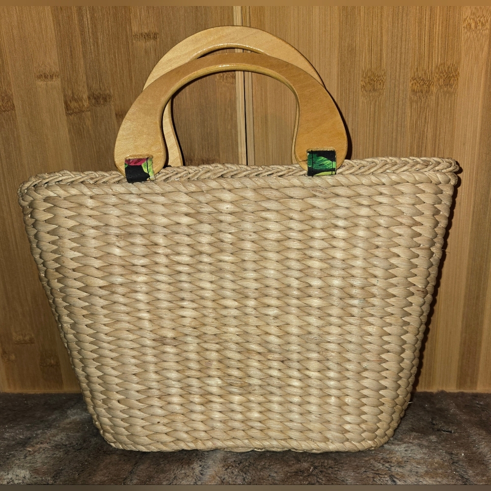 Vtg 1990s Cornhusk Basket Wicker Purse Boho Tropical Print Casual Tote - Picture 4 of 6